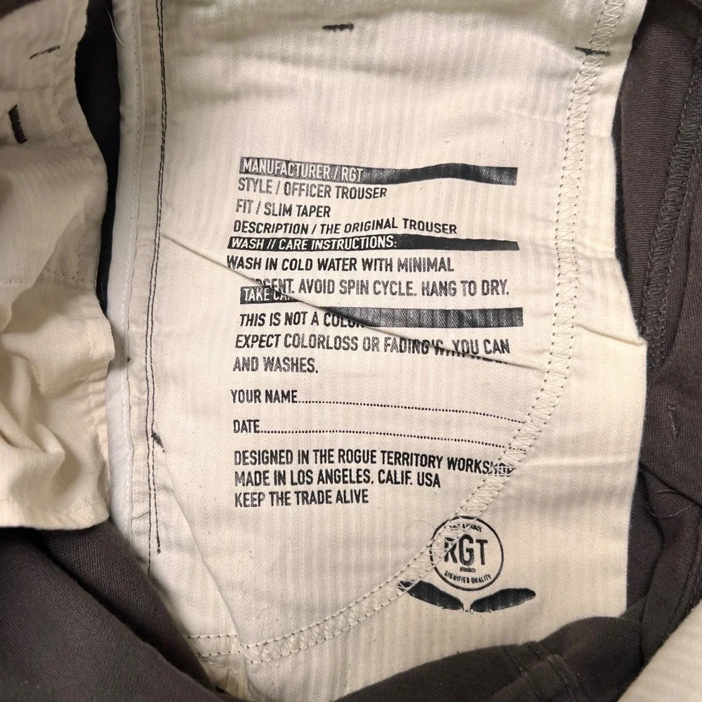 Rogue Territory Officer Trouser Mens 32x34 Brown Slim Taper Chino RGT USA Made